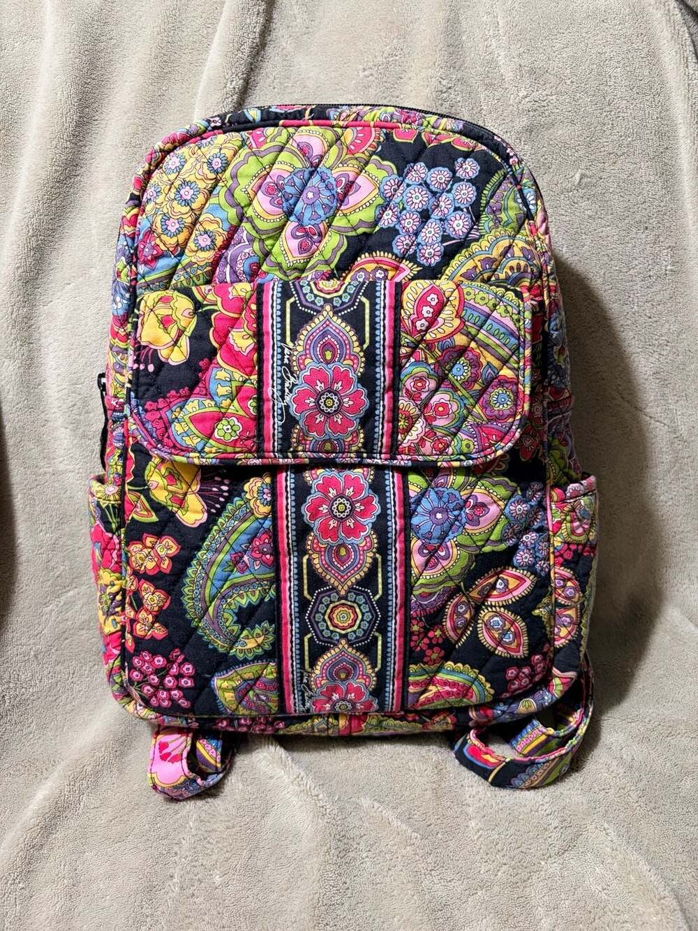 Vera Bradley Symphony in Hue Quilted Backpack Purse Pink Black Yellow Paisley